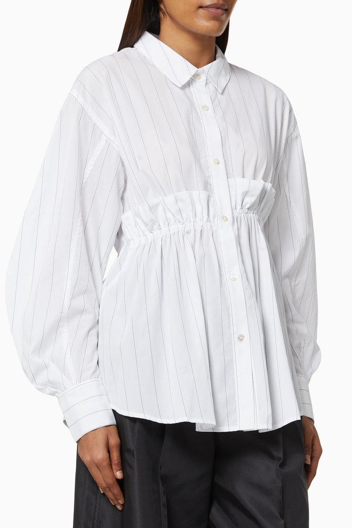 

Asymmetric Shirred Shirt in Stripe Cotton, White