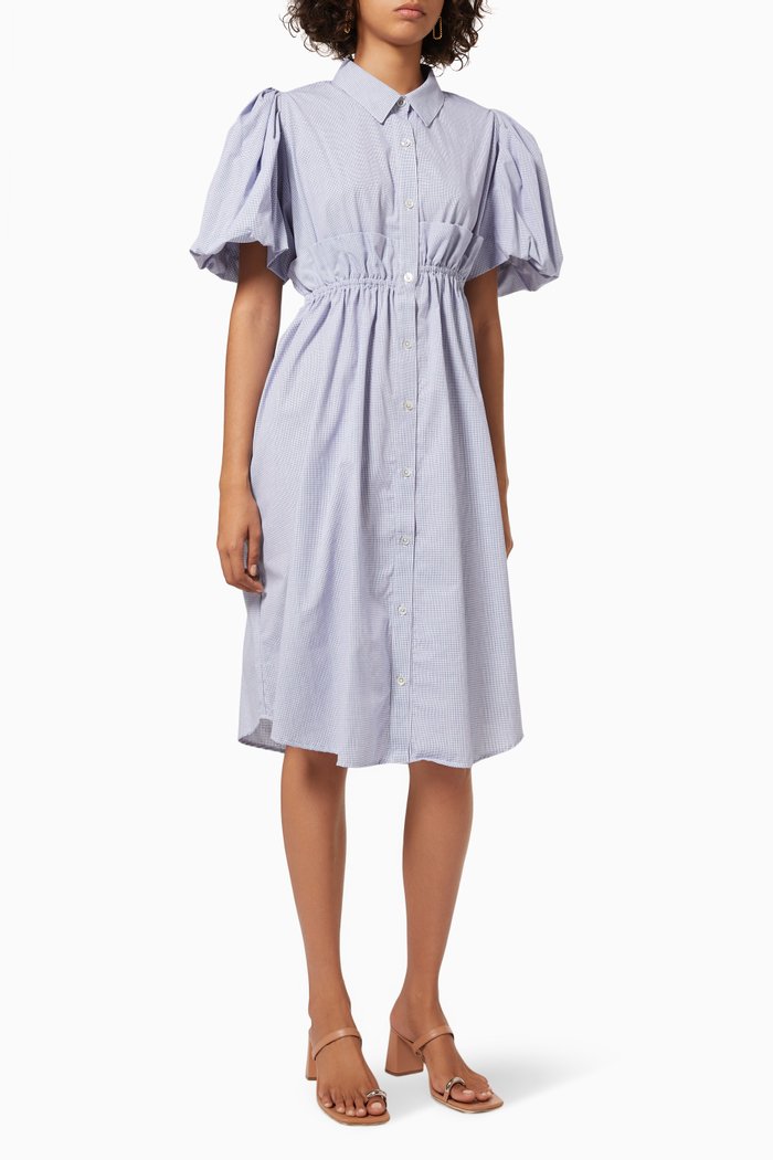 

Puff Sleeve Shirred Dress in Cotton, Blue
