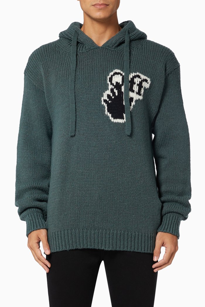 

Hand Logo Hoodie in Wool-Nylon Knit, Green