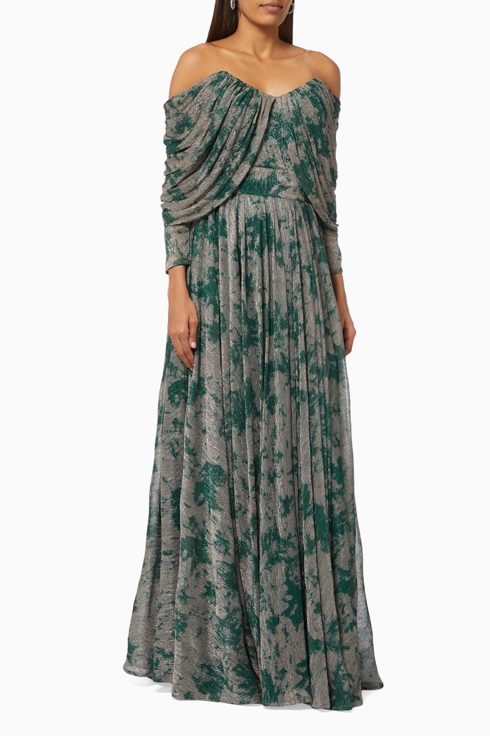 

Draped Off Shoulder Dress with Belt, Green