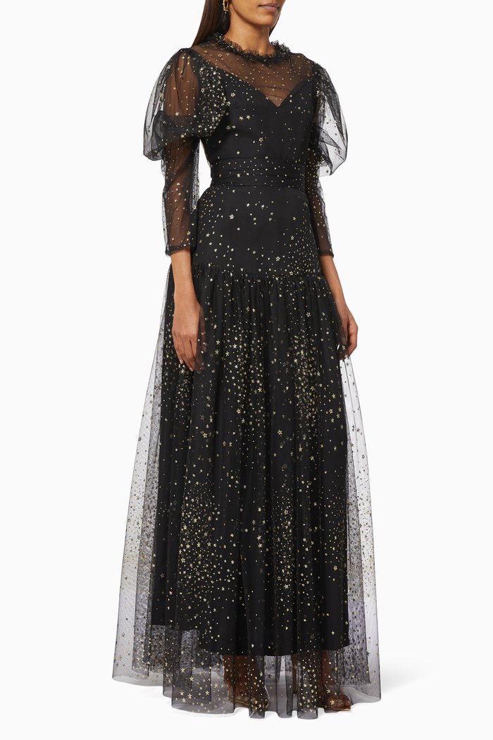 

Puff Sleeve Dress in Shimmer Tulle, Black