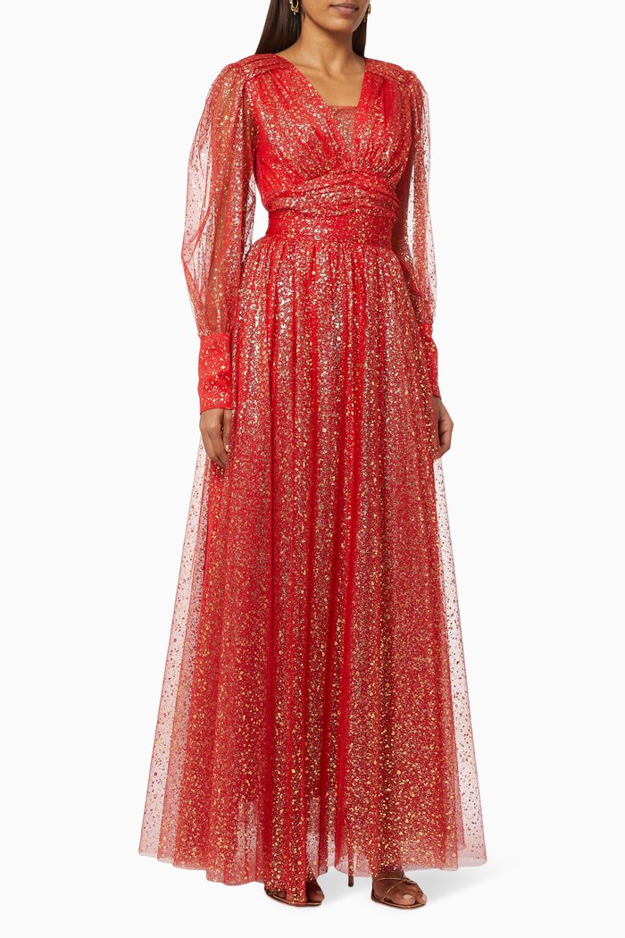 

Puff Sleeve Dress in Shimmer Tulle, Red