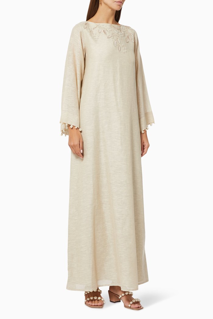 

Beaded Kaftan in Premium Linen, Neutral