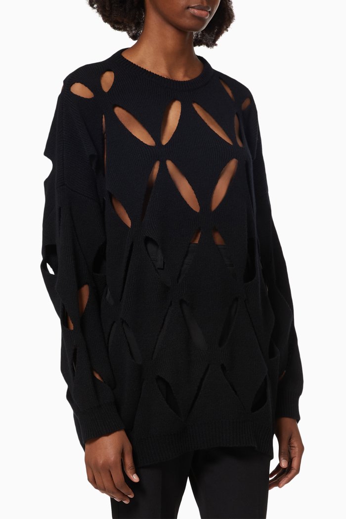 

Cut-out Diamond Embroidery Sweater in Wool, Black