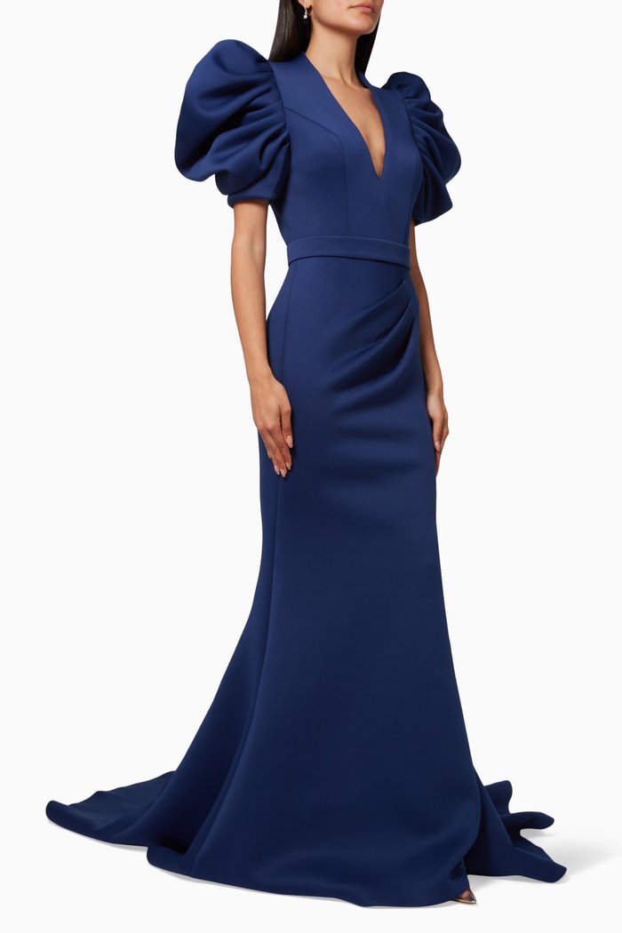 

Puff Sleeve Gown in Neoprene, Blue