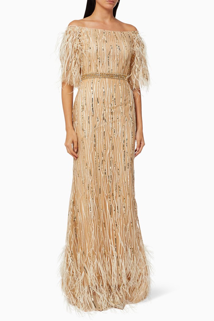 

Off-Shoulder Gown in Embellished Tulle, Gold
