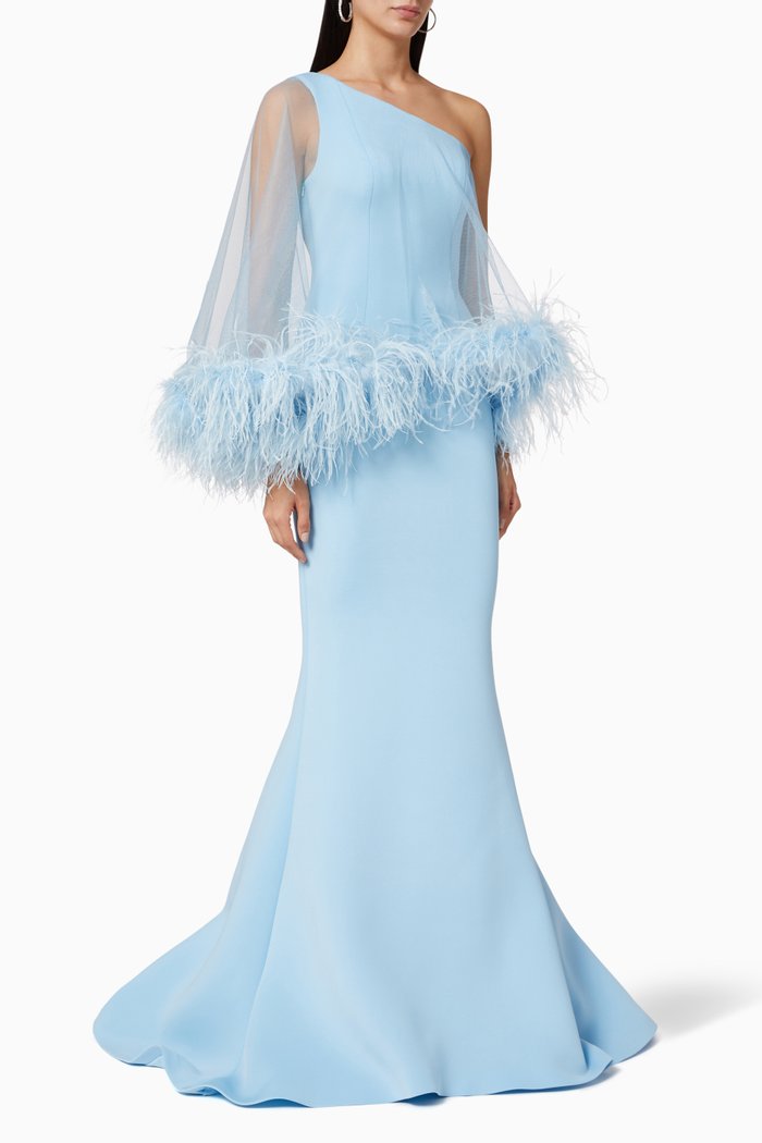 

Feather Trim One Shoulder Gown, Blue