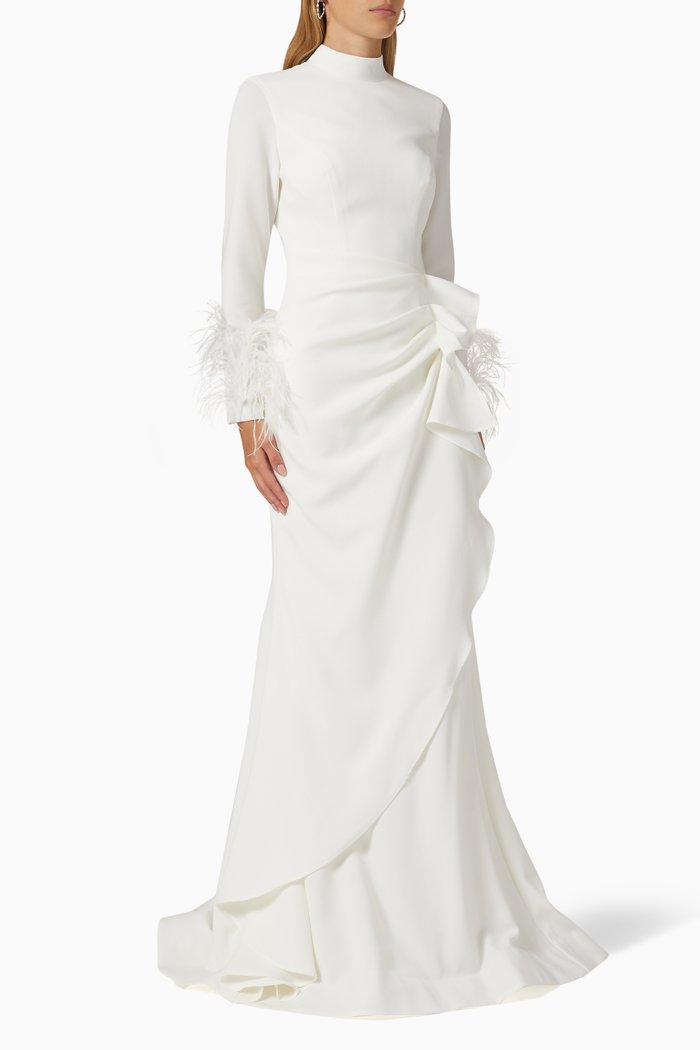 

Feather Trim Gown in Neoprene, Neutral