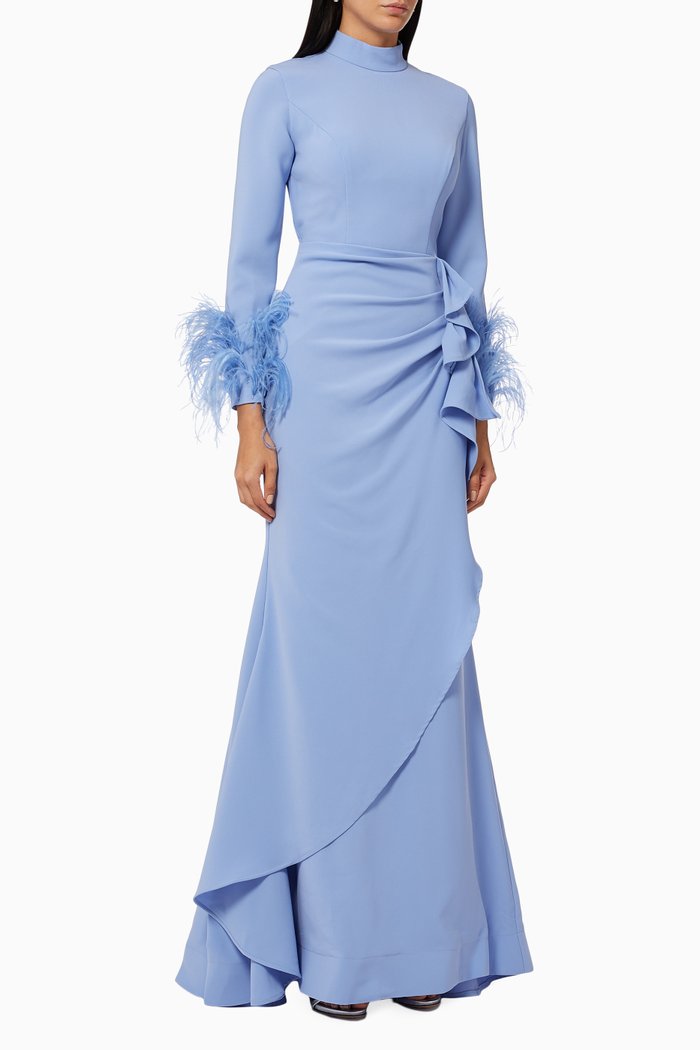 

Feather Trim Gown in Neoprene, Blue