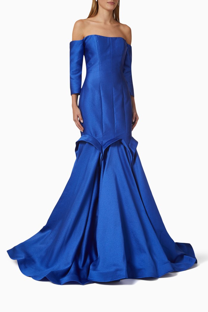 

Off-shoulder Gown in Silk Mikado, Blue