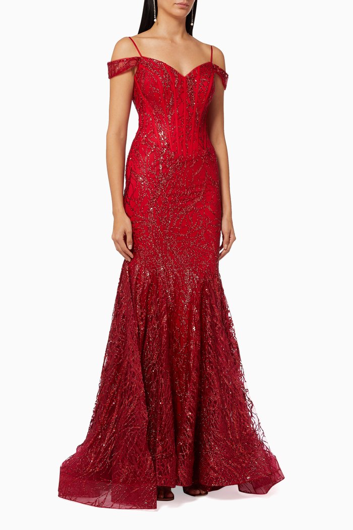 

Off-shoulder Gown in Embroidered Glitter Tulle, Red