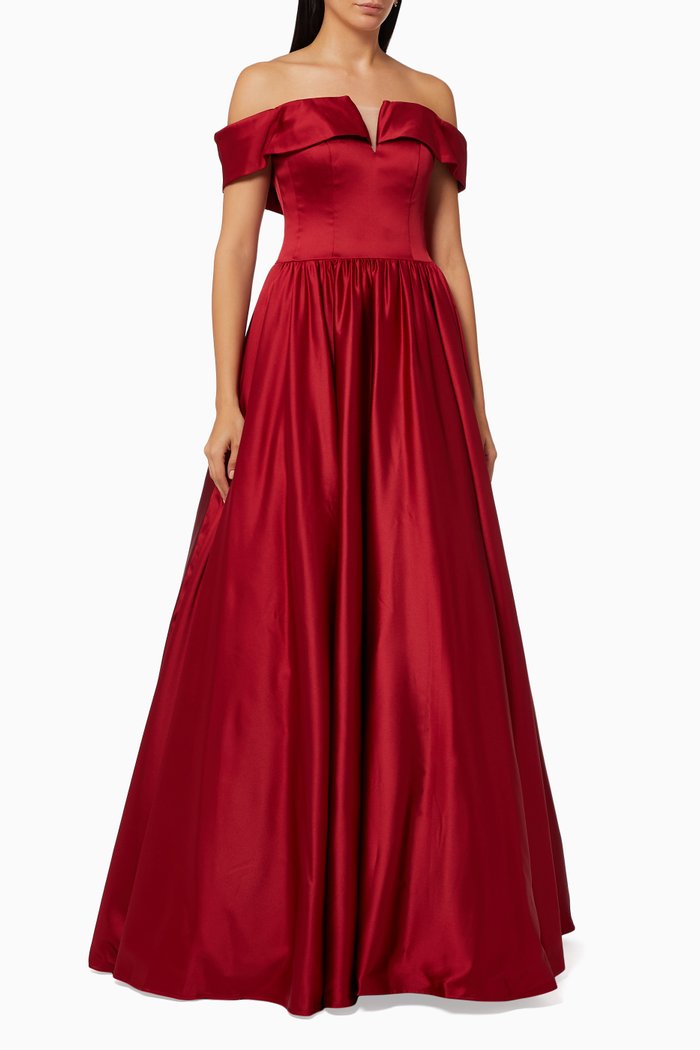 Off-shoulder Gown in Stretch Satin, Red