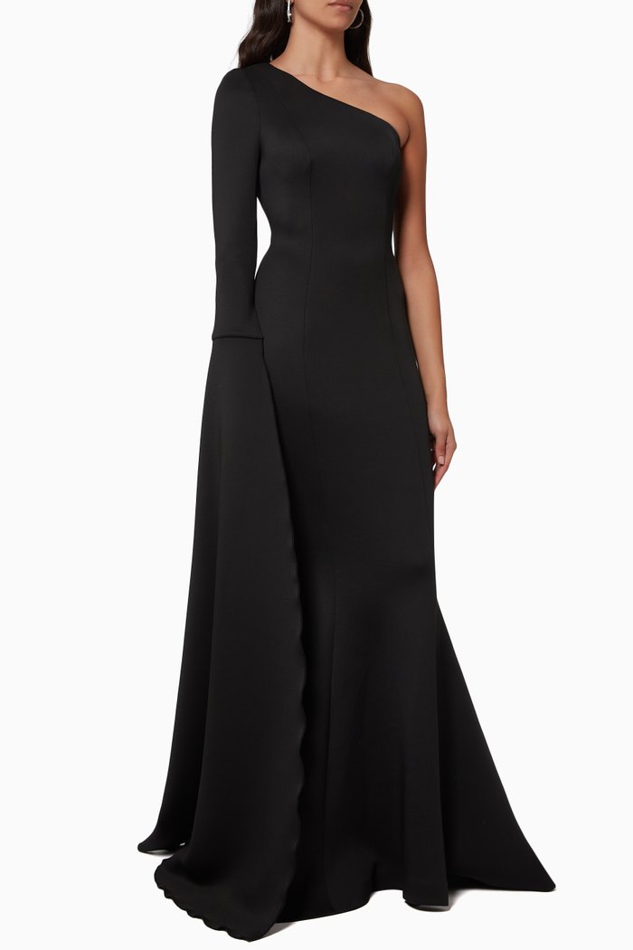 

One Shoulder Gown in Neoprene, Black