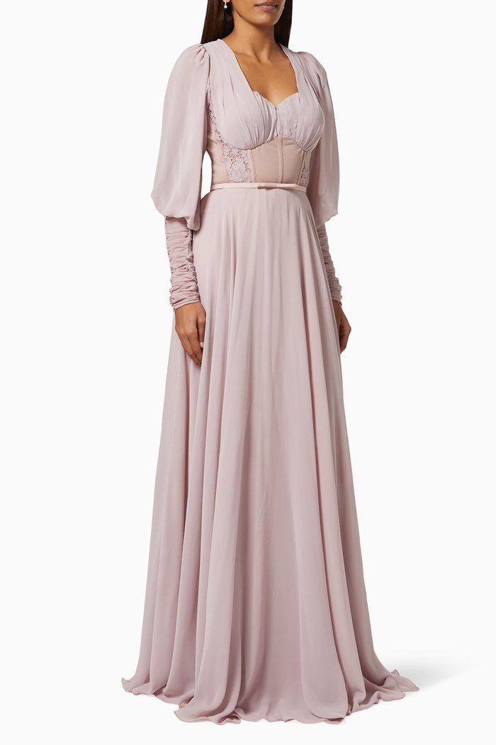 

Puff Sleeve Dress in Chiffon, Neutral