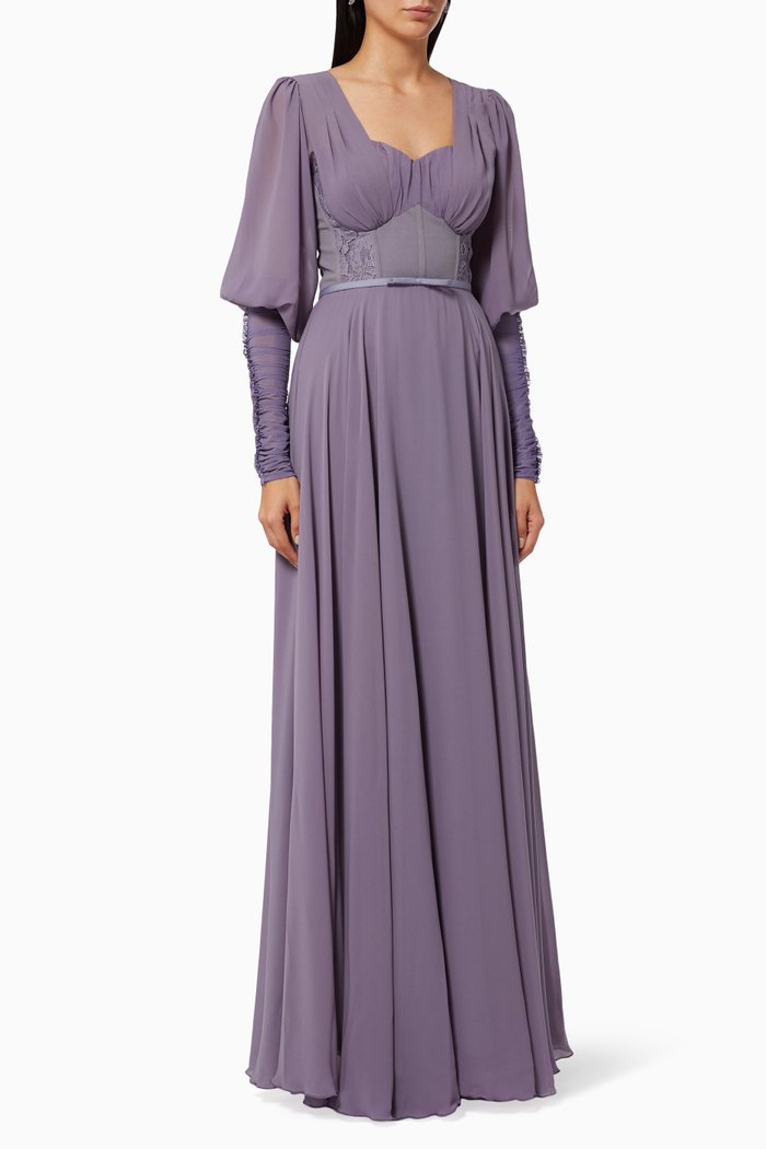 

Puff Sleeve Dress in Chiffon, Purple