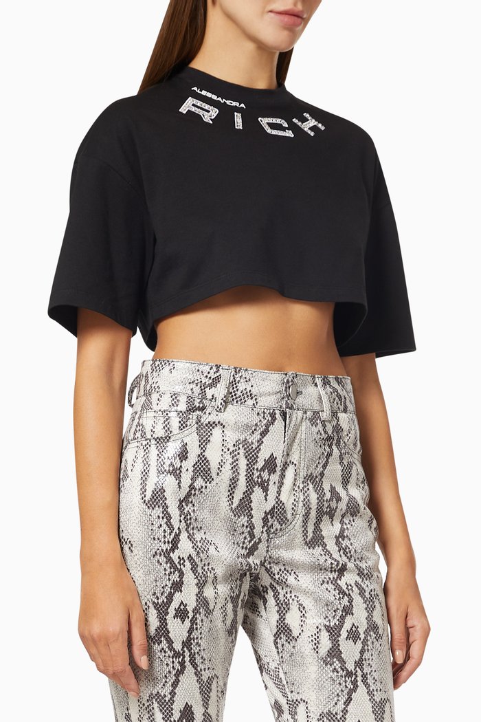 

Embellished Logo Cropped T-shirt in Cotton Jersey, Black