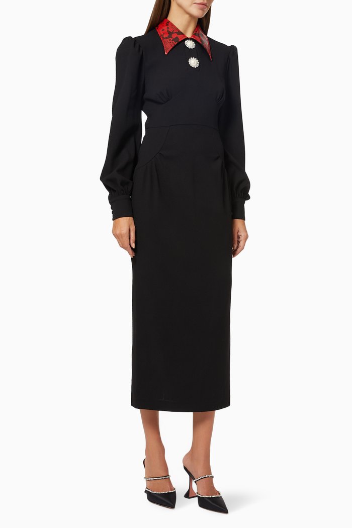 

Python Print Leather Collar Dress in Wool Crepe, Black