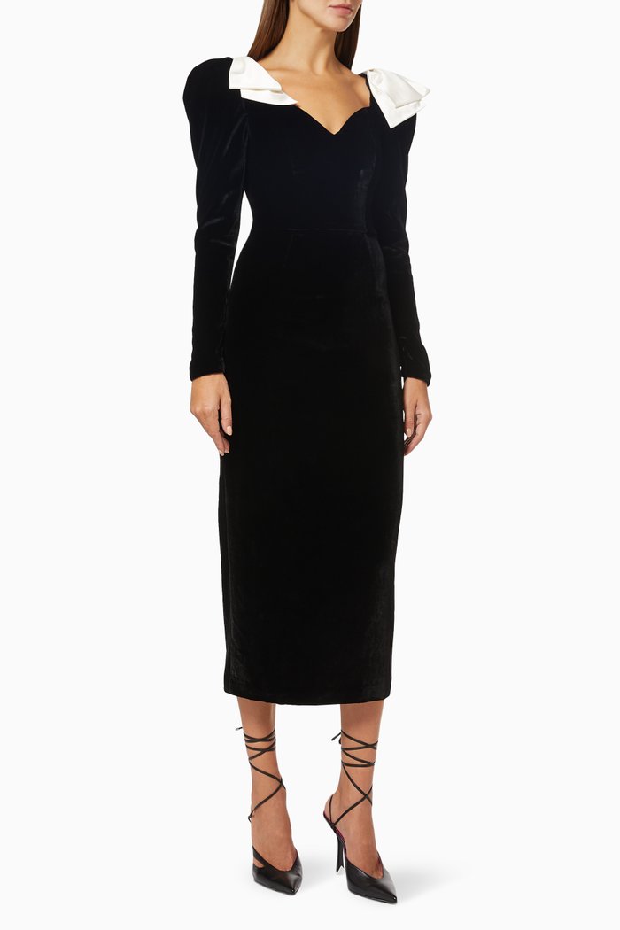 

Duchess Bow Midi Dress in Velvet, Black