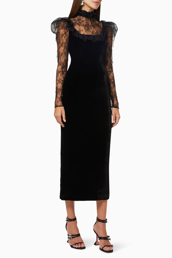 

Lace Decollete Dress in Velvet, Black