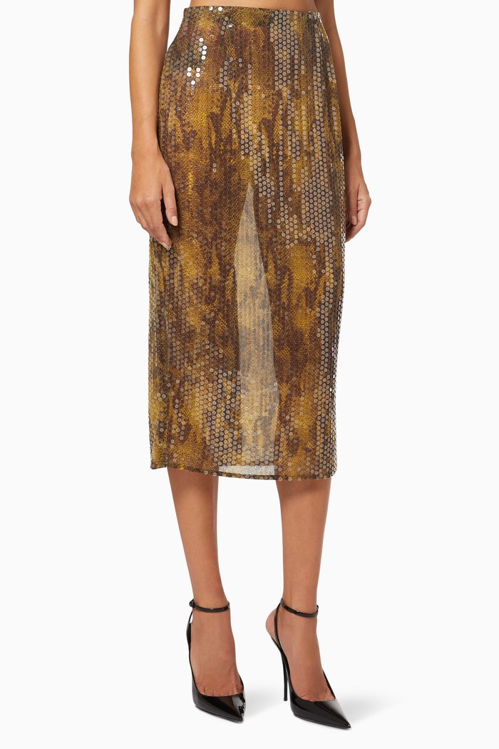 

Python Print Midi Skirt in Embellished Sequins, Yellow