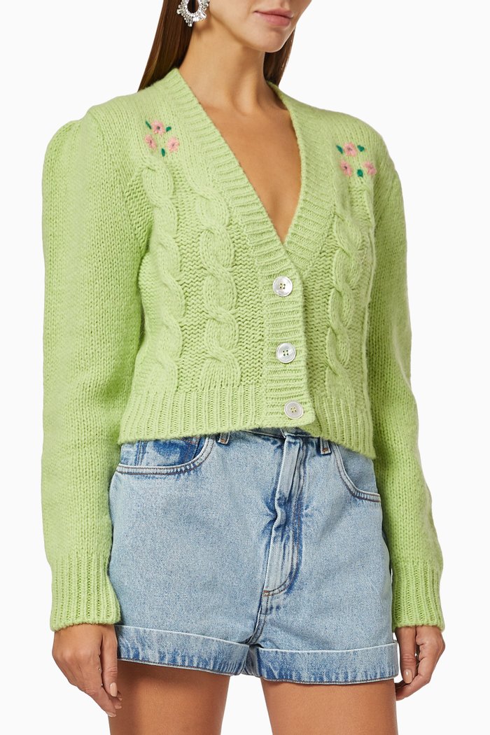 

Floral Cropped Cardigan in Mohair Wool, Green