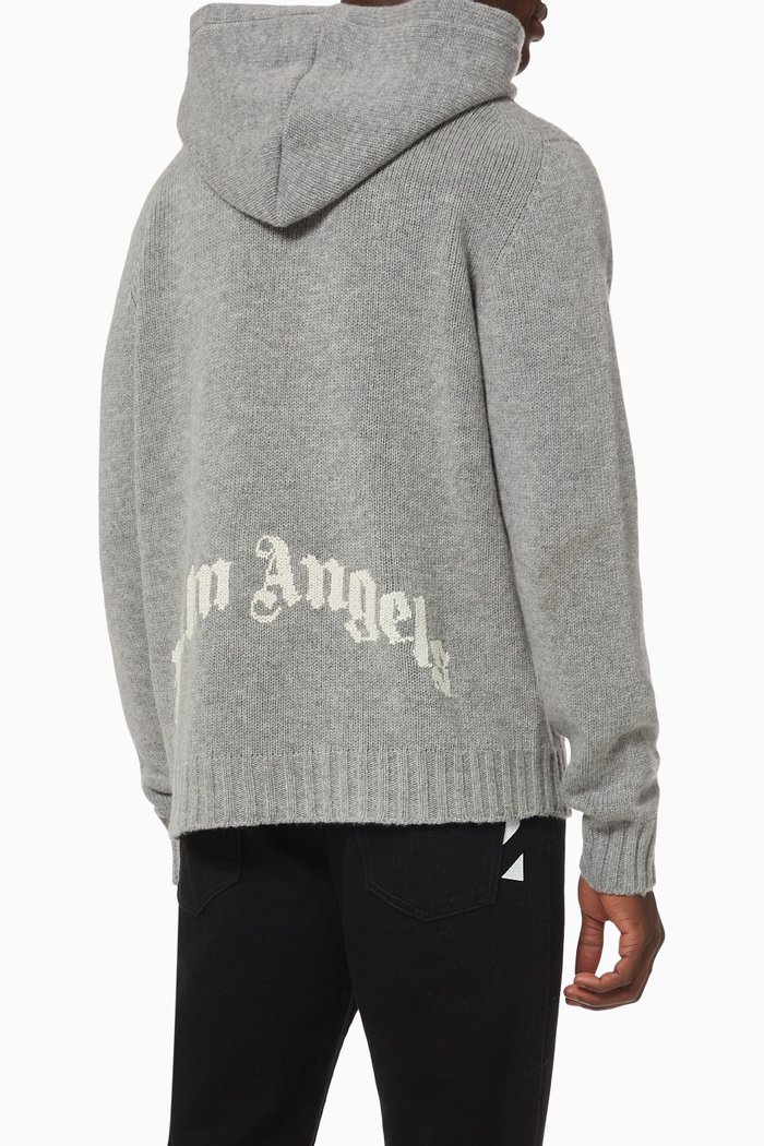

Curved Logo Zip Hoodie in Wool Knit, Grey