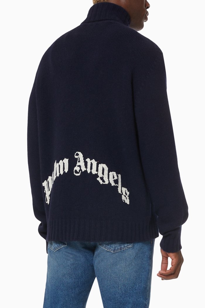 

Curved Logo Turtleneck Sweater in Nylon Wool Knit, Blue