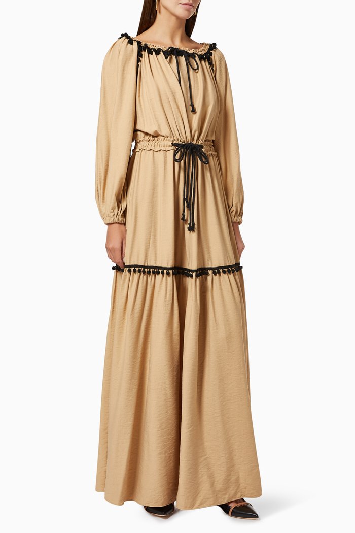 

Pom Pom Maxi Dress in Viscose Linen, Neutral