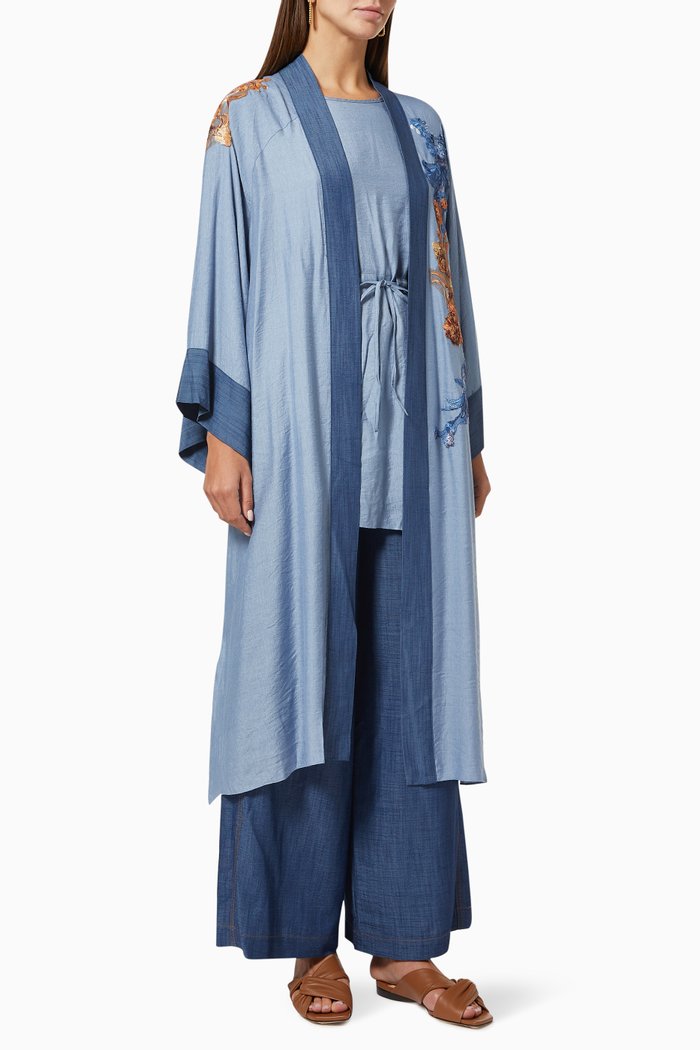 

Embroidered Kimono Set in Viscose Linen, Blue