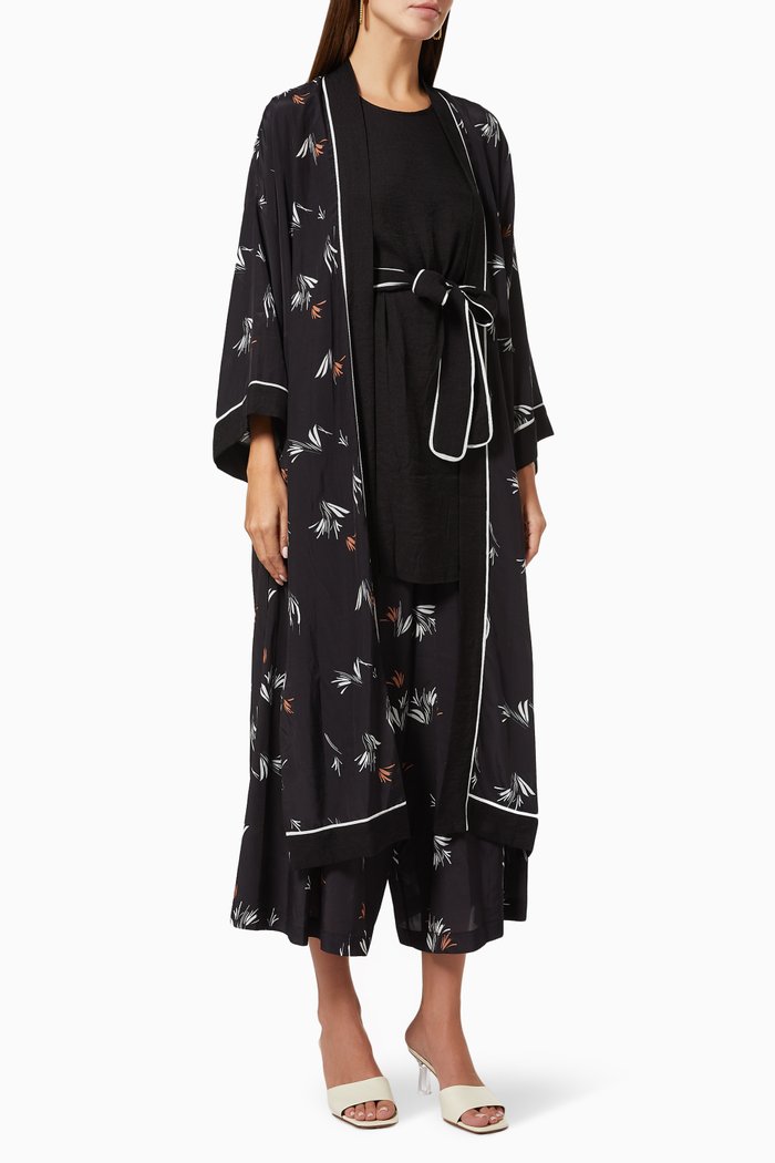 Floral Print Kimono Set in Cotton Blend, Black