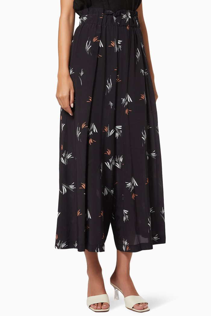 Floral Print High Waist Pants in Cotton Blend, Black