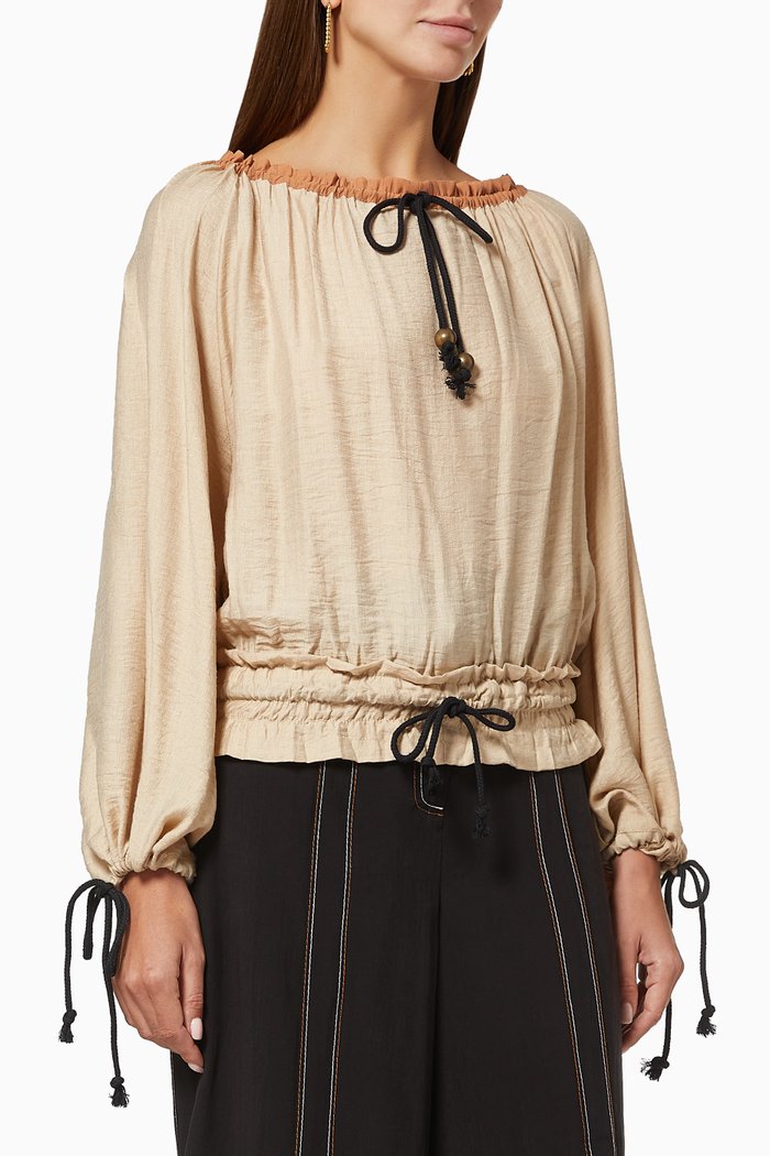 

Gathered Tassel Top in Viscose Linen, Neutral