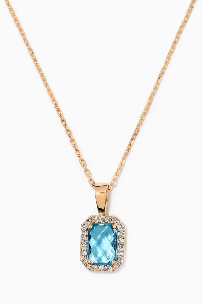 Emerald Cut Blue Topaz Necklace with Diamonds in 18kt Yellow Gold