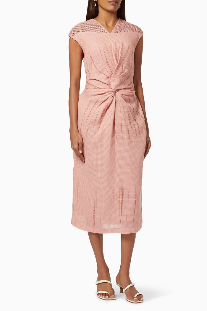 

Tie Dye Front Knot Midi Dress in Cotton & Mesh, Pink