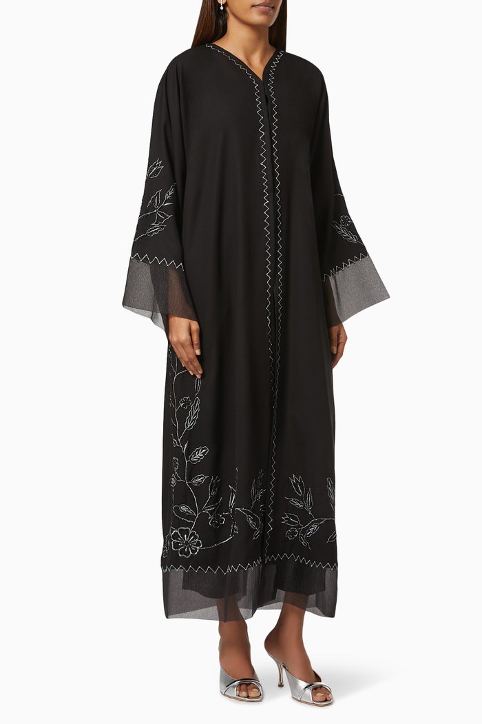 

Abaya with Thread & Beaded Embroidery, Black