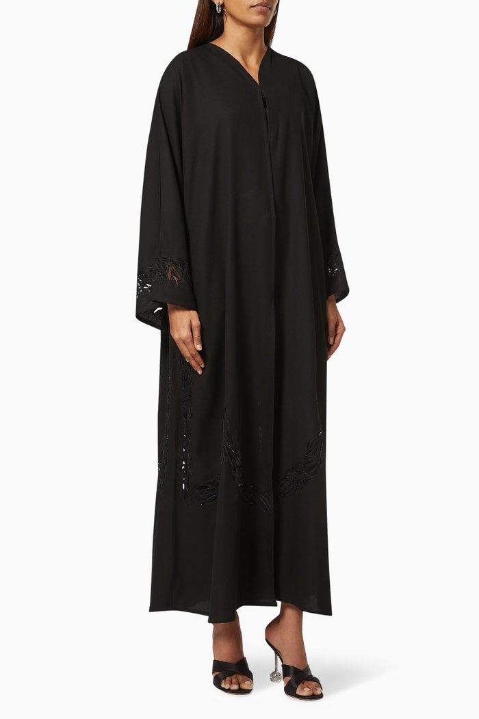 

Abaya with Beaded & Laser-cut Embroidery, Black