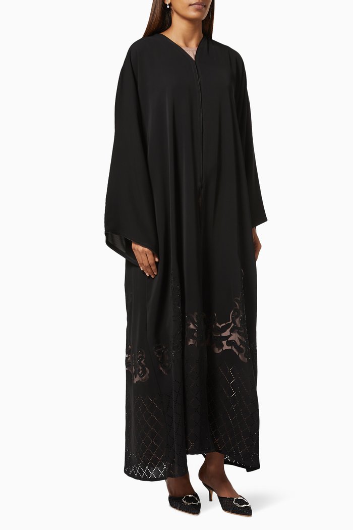 Abaya with Laser-cut & Beaded Embroidery, Black