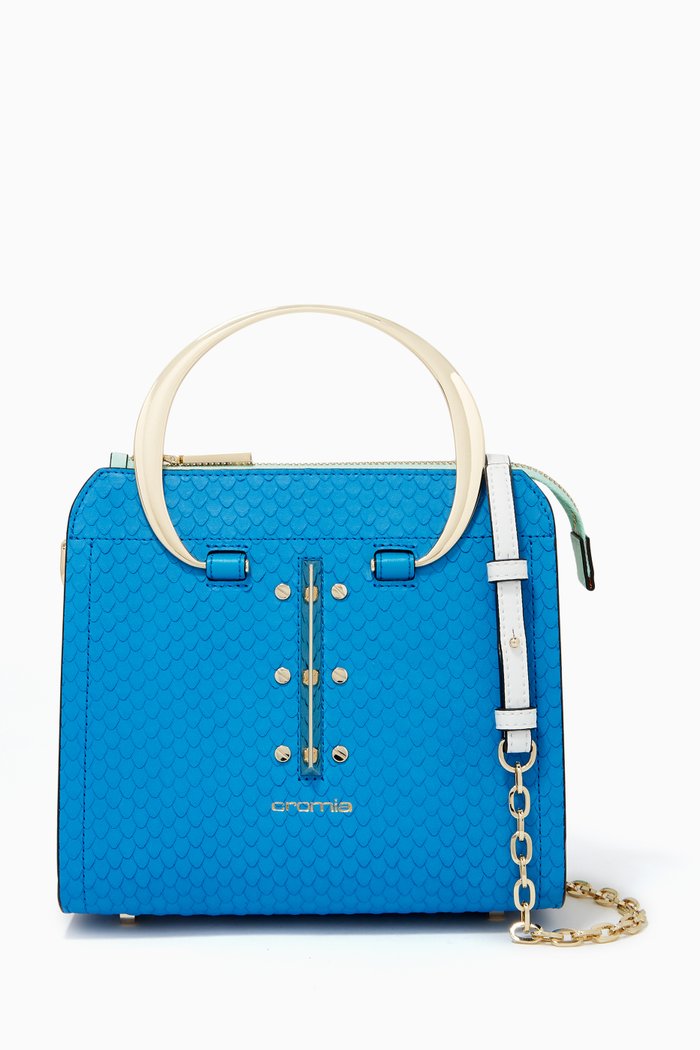 

Small Uptown Handbag in Python-print Calfskin, Blue