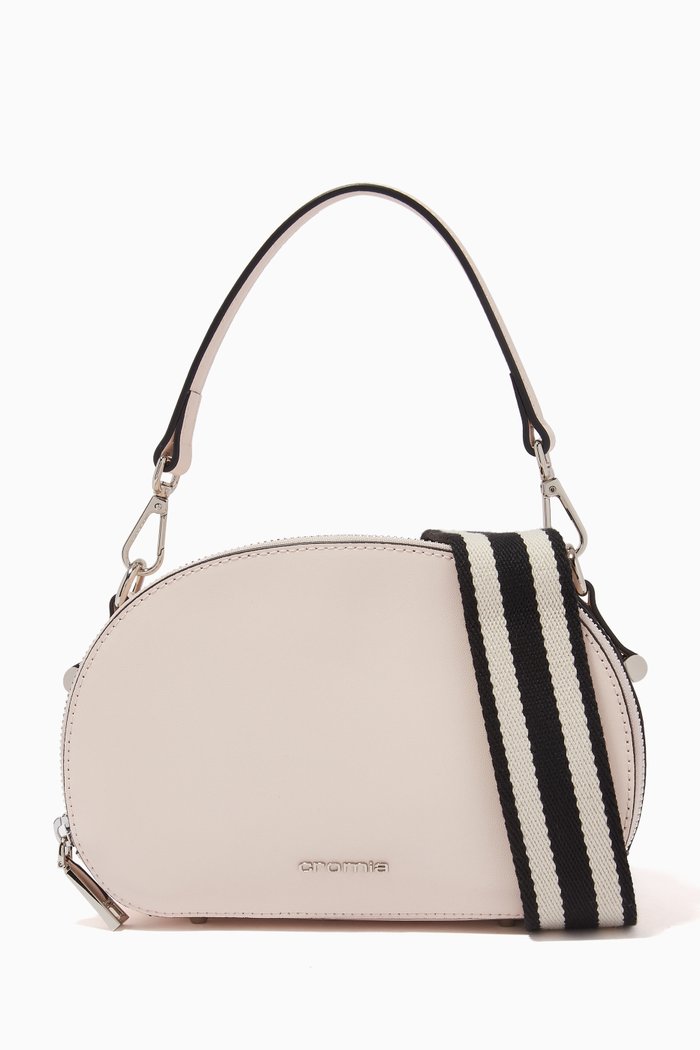 

Perla Oval Bag in Calfskin Leather, Neutral
