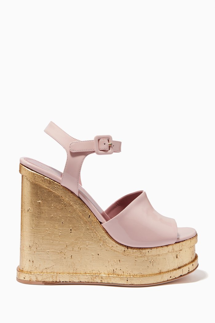 Gold Wedge Sandals in Patent Leather, Pink