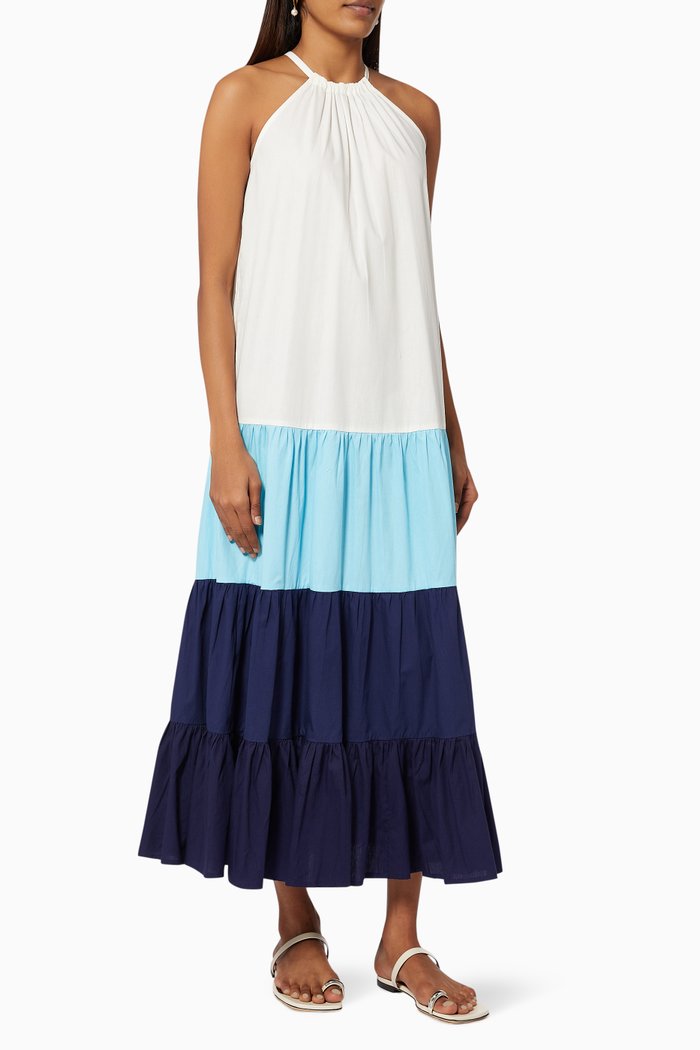 

Sea Blues Trapeze Dress in Cotton, Blue