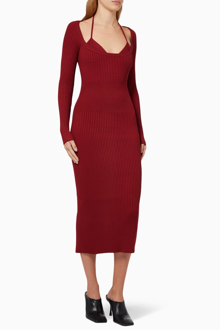 

Liza Midi Dress in Ribbed Knit, Red