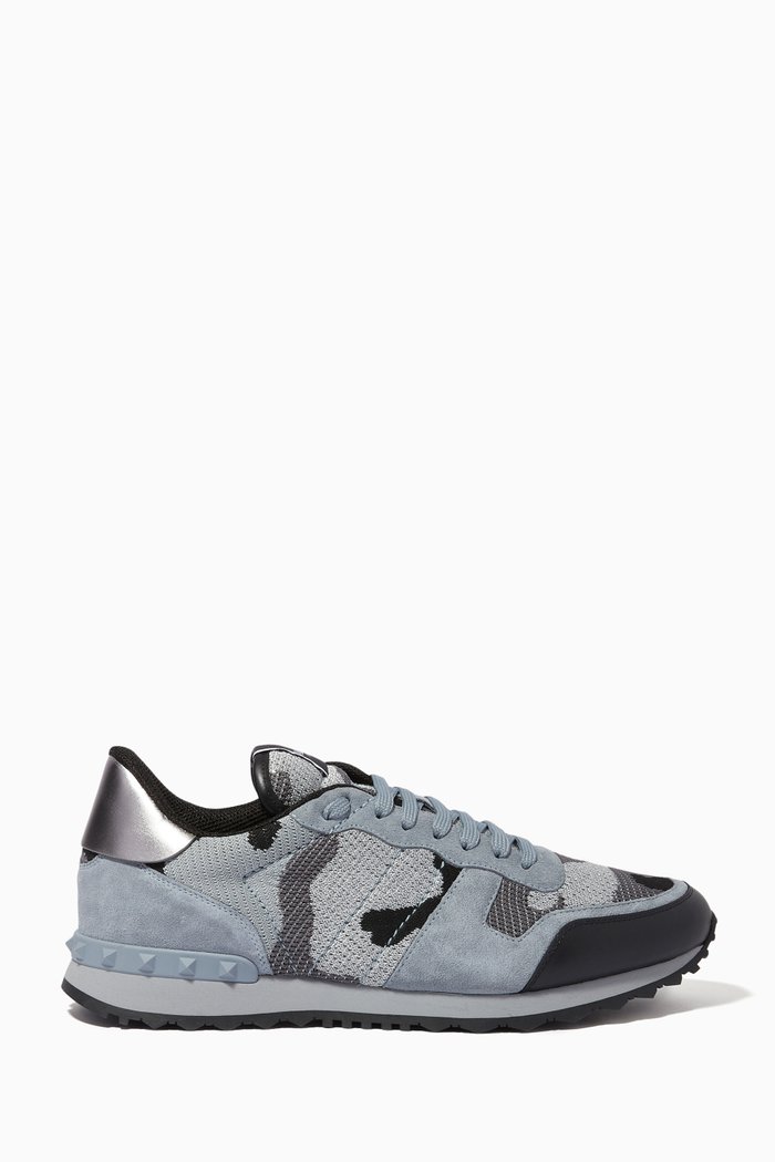 

Valentino Garavani Camouflage Rockrunner Sneakers in Mixed Leather, Grey