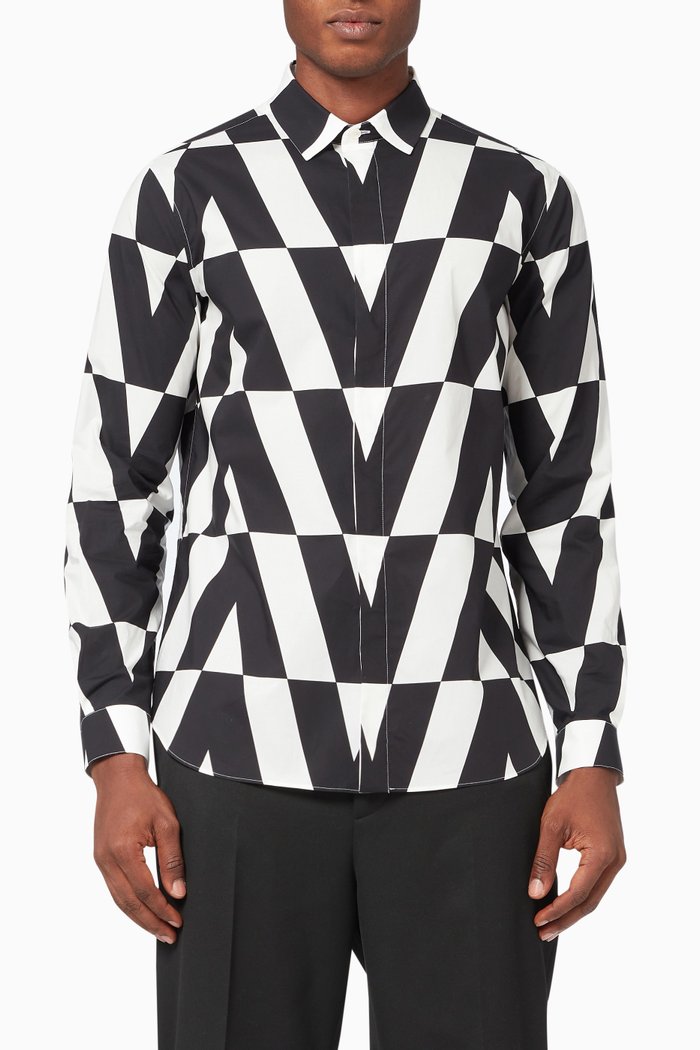 

Macro Optical Valentino Print Shirt in Cotton Poplin, Black