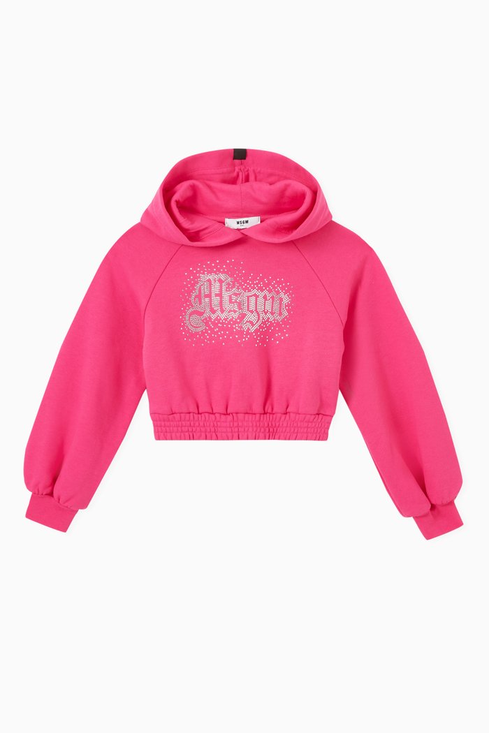 

Embellished Crystal Logo Hoodie in Cotton, Pink