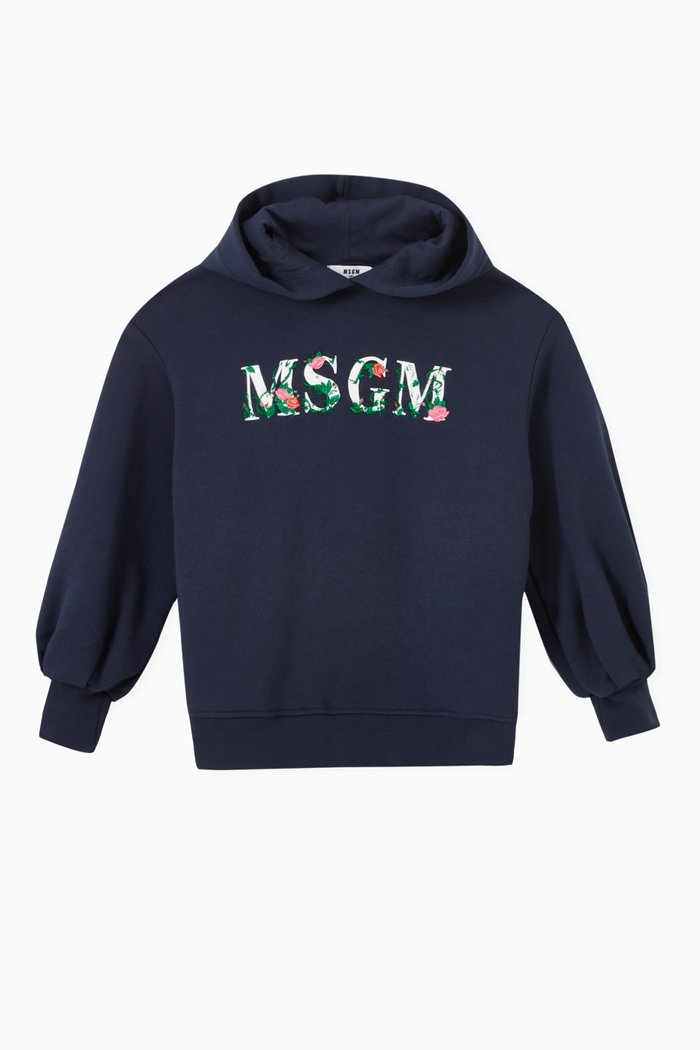 

Floral Logo Print Hoodie in Cotton, Blue