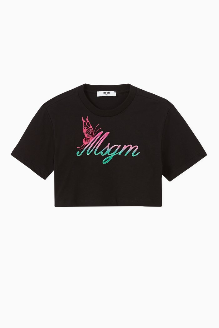 

Embroidered Butterfly Logo Crop T-shirt in Jersey, Black