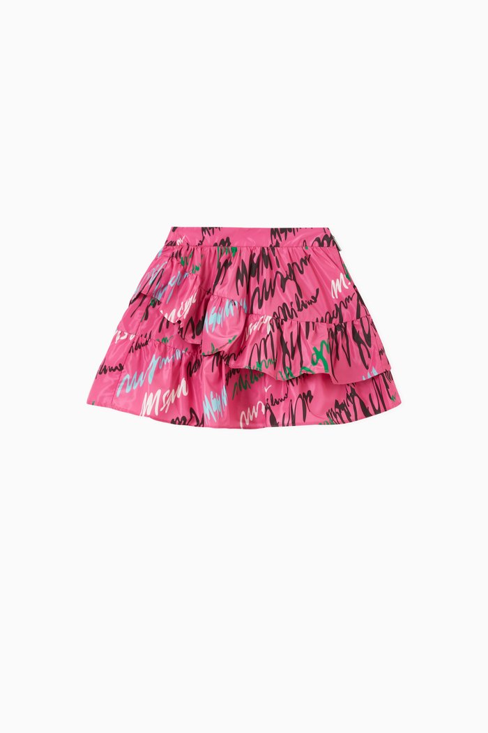 All-over Logo Print Ruffled Skirt in Taffeta, Pink