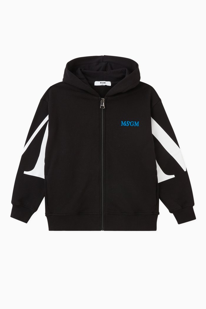 

Wrap-around Logo Print Zipped Hoodie in Cotton, Black