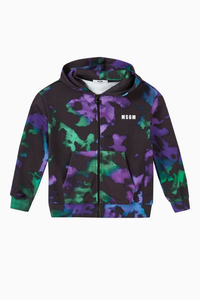 

All-over Abstract Print Zipped Logo Hoodie in Cotton, Multicolour